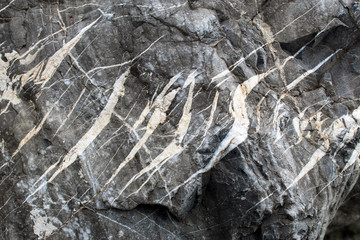 Tension gashes (en echelons veins) filled by calcite and quartz on a rock boulder