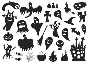 Set of silhouettes of Halloween on a white background. Vector illustration.