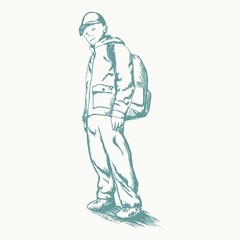 Hand drawn schoolboy with backpack. Sketch by pencil. Back to school theme concept