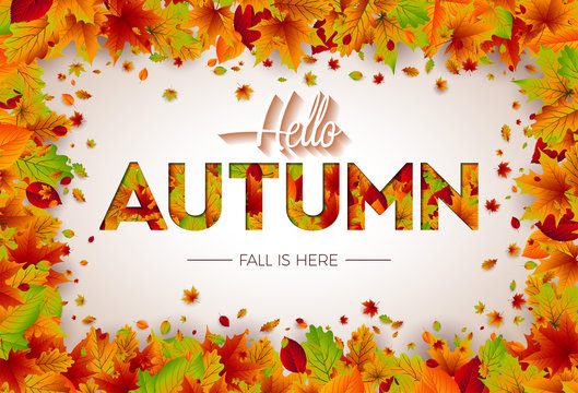 Autumn Illustration with Falling Leaves and Lettering on White Background. Autumnal Vector Design for Greeting Card, Banner, Flyer, Invitation, brochure or promotional poster.