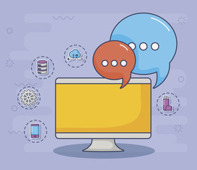 computer and speech bubbles with innovation and technology related icons around over purple background, colorful design. vector illustration