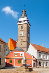 City tower and Renaissance houses in Slavonice, Czech Republic.