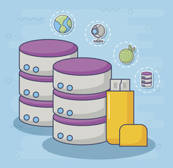 data servers and usb with innovation and technology related icons around over blue background, colorful design. vector illustration