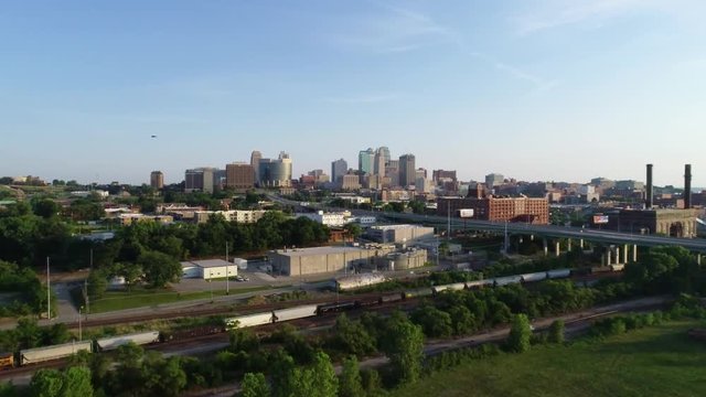 Kansas City, MO - Aerial Drone Video Fly Towards With Train