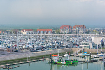 Blankenberge in Belgium, the harbor, view at dawn

