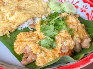 close up of yellow curry with pork thai style
