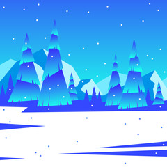 Fototapeta na wymiar Winter landscape with mountines, forest. Winter background. Snow. Blue mountains winter snowy landscape. Pines on foreground. Winter Mountains landscape with pines and hills