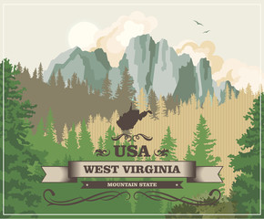 West Virginia travel colorful postcard. USA poster