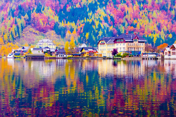 Ebankment of Hallstatt lake reflections at autumn, Unesco, Hallstatt in Austria