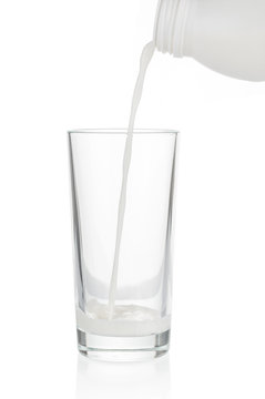 Pouring milk in glass on white background