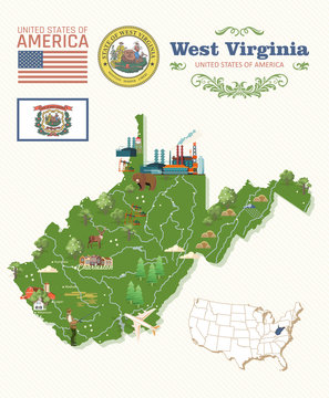 West Virginia travel colorful postcard. USA poster
