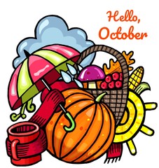 Composition Hello October, vector hand-drawn autumn set 