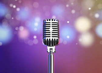 Retro microphone on stage with blurred lights. 3D illustration