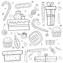 Set of holiday objects. Birthday things. Vector illustration, doodle style.