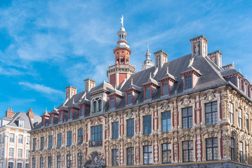 Lille, typical buildings in the center, beautiful town in the north of France 
