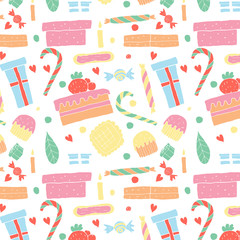 Set of holiday objects. Birthday things. Vector illustration, doodle style. Pattern.