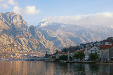 Beautiful winter Meditarranean landscape .  Montenegro, view of Bay of Kotor, Lovcen mountain and Prcanj town