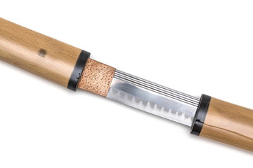 Japanese sword with copper textured habaki (collar) is drawing isolated in white background.