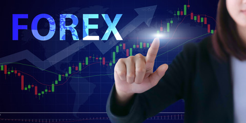 Business woman with financial symbols coming from hand .Hand holding on trading forex data information displayed on a stock exchange interface - Finance concept