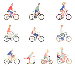 People On a bicycle. Set of cartoon men, women and children on bikes.