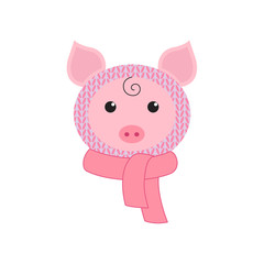 Little funny piglet in hat and scarf. Symbol of the new year