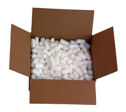 Cardboard Shipping Box Filled With Packing Styrofoam Peanuts, Isolated On White