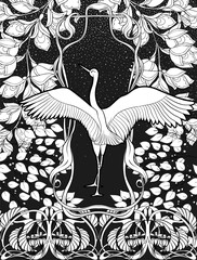 Poster, background with decorative flowers and bird in art nouveau style. Black-and-white graphics.  © Elen  Lane