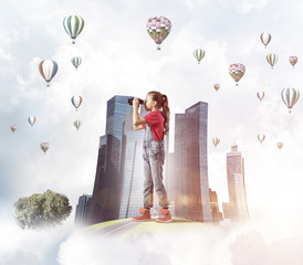 Concept of careless happy childhood with girl looking in future
