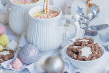 Marshmallow, cookies, meringues and different Christmas decorations