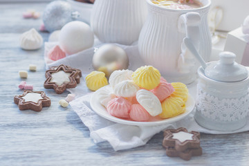 Marshmallow, cookies, meringues and different Christmas decorations