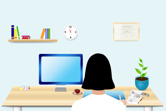 The doctor is sitting in her office. Vector concept. Empty PC monitor is ready for your text.