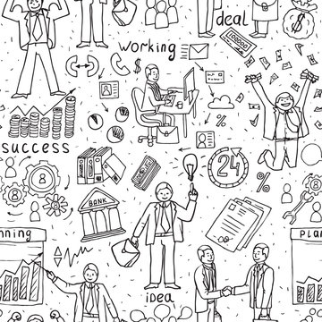 Business People Doodle. Hand drawn seamless Vector pattern