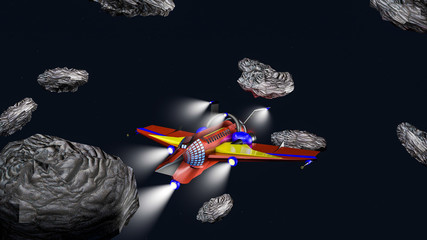 3D model of interstellar aircraft flying through meteorites in space. 3D rendering © toomler