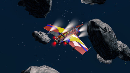 3D model of interstellar aircraft flying through meteorites in space. 3D rendering © toomler