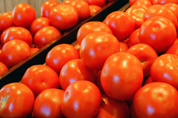 Tomatoes in the window of the market. Harvest this year.