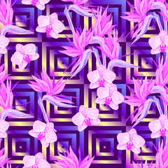 Seamless summer pattern with orchid and bird of paradise flowers vector background. Perfect for wallpapers, pattern fills, web page backgrounds, surface textures, textile