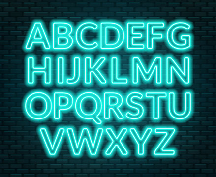 Neon blue alphabet on brick wall background. Capital letter.