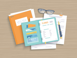 Business wooden table with open notebook, planner, documents, forms, papers folder, glasses, pen. Work, workplace, analysis, research, planning, management. Vector illustration, top view