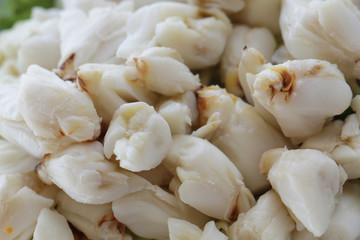 Full plate of fresh crab meat of boiled stone Crab decorated with vegetable side dish, Cheliped of the crab, prepared raw shell animal at homemade gourmet restaurant, food stylist menu backgrounds