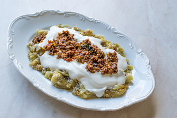Turkish Ali Nazik Kebab with Yogurt, Minced Meat and Roasted Eggplant or Aubergine / Kebap.