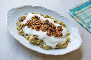 Turkish Ali Nazik Kebab with Yogurt, Minced Meat and Roasted Eggplant or Aubergine / Kebap.