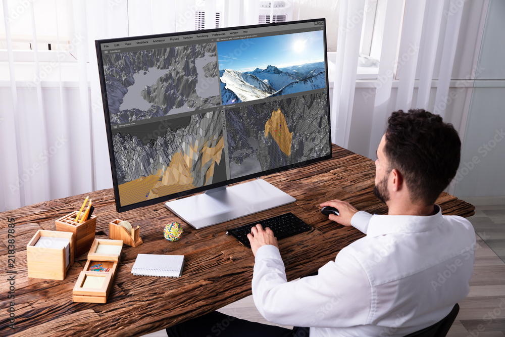 Poster Man Editing 3D Landscape On Computer