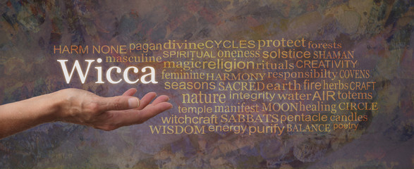 Harm None Wiccan Word Tag Cloud - female open palm hand with WICCA floating above and a relevant word cloud on a rustic earth coloured rustic background