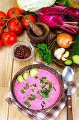 Vegetarian beet soup with green onions