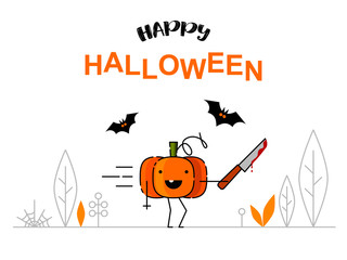 Happy halloween. Pumpkin, knife, bat. Vector illustration