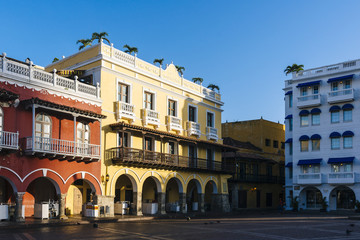 Cartagena de Indias/ Bolivar/ Colombia - July 20, 2018: Houses with arcades on the 