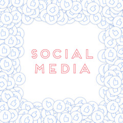 Social media icons. Social media concept. Falling scattered thumbs up. Chaotic border elements on wh