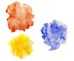 Colorful stains of watercolor, isolated on background - yellow, red and blue