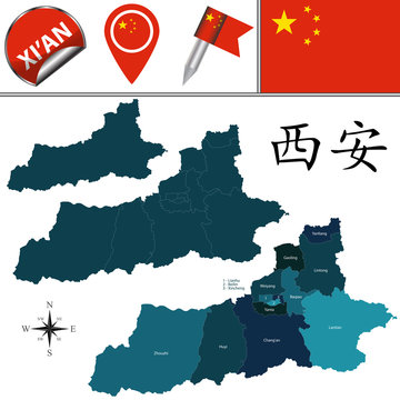 Map of Xian, China with Divisions