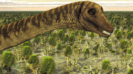 Huge Diplodocus in wetland at sunset, 3d illustration © satori